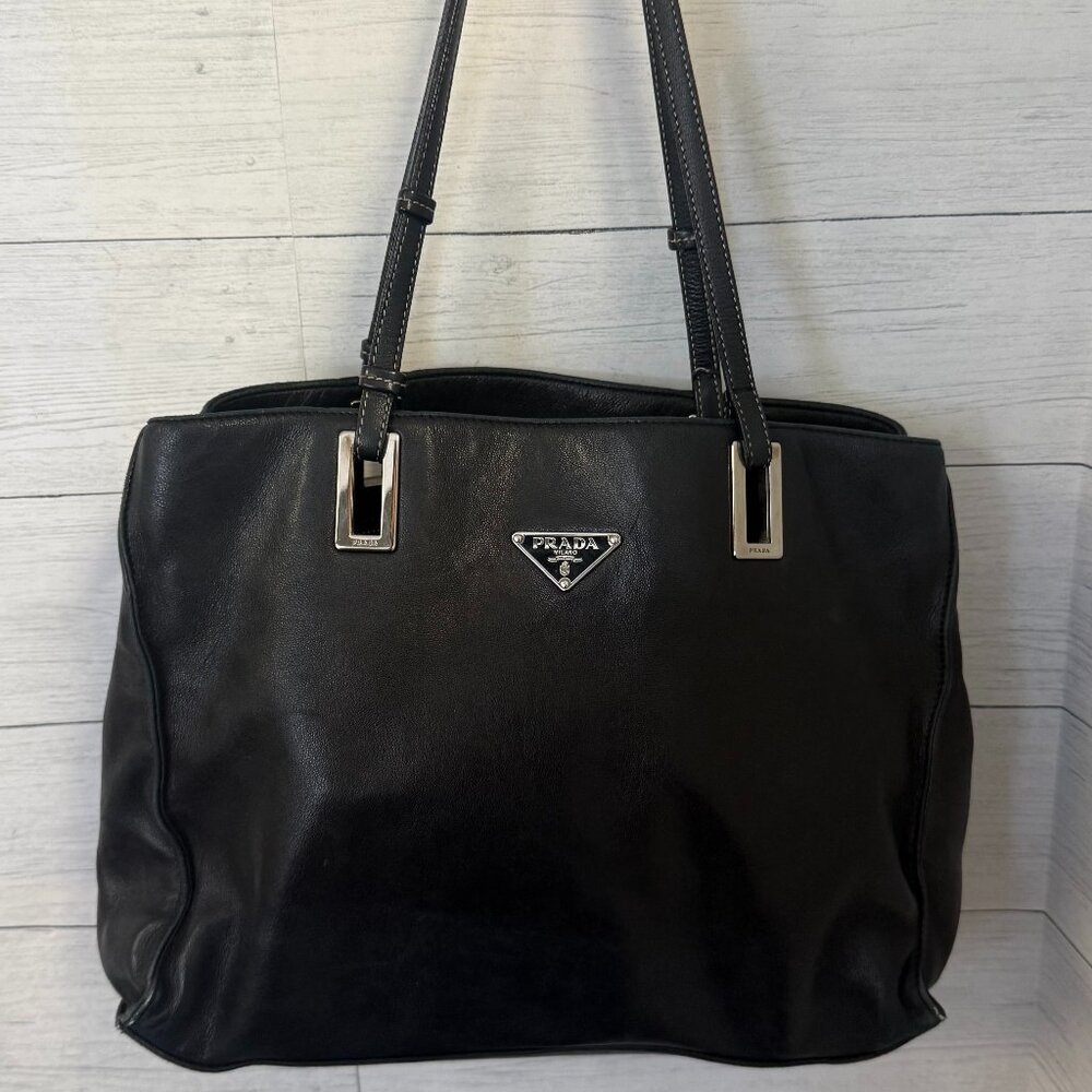 Prada Leather Small Tote Bag, Silver Hardware with Authenticity Card